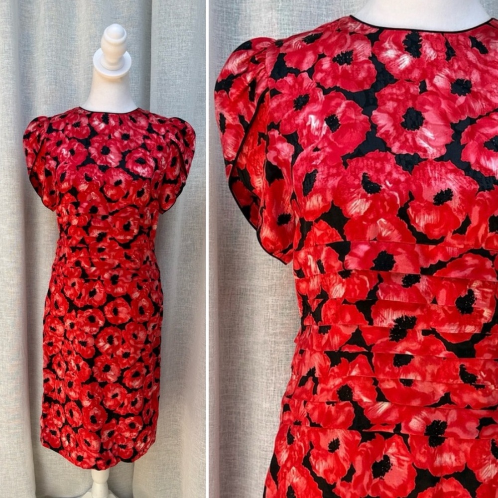 1900 Silk Studio red white black floral short sleeve silk dress